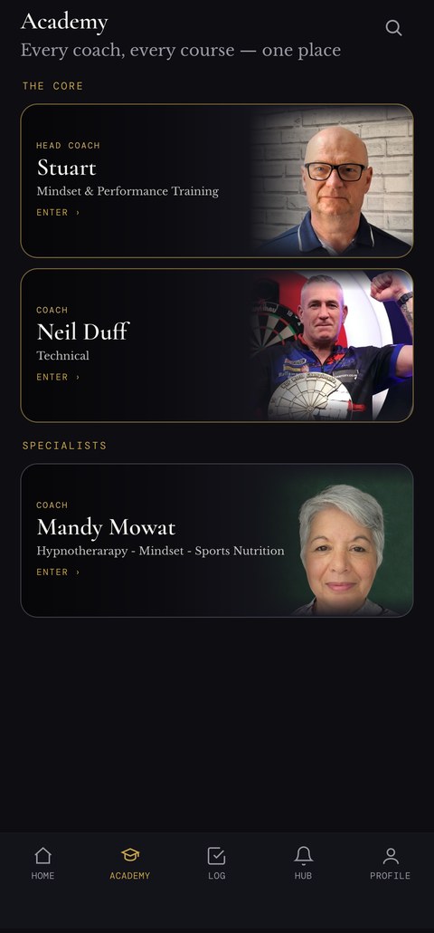 360 Darts app — Academy screen