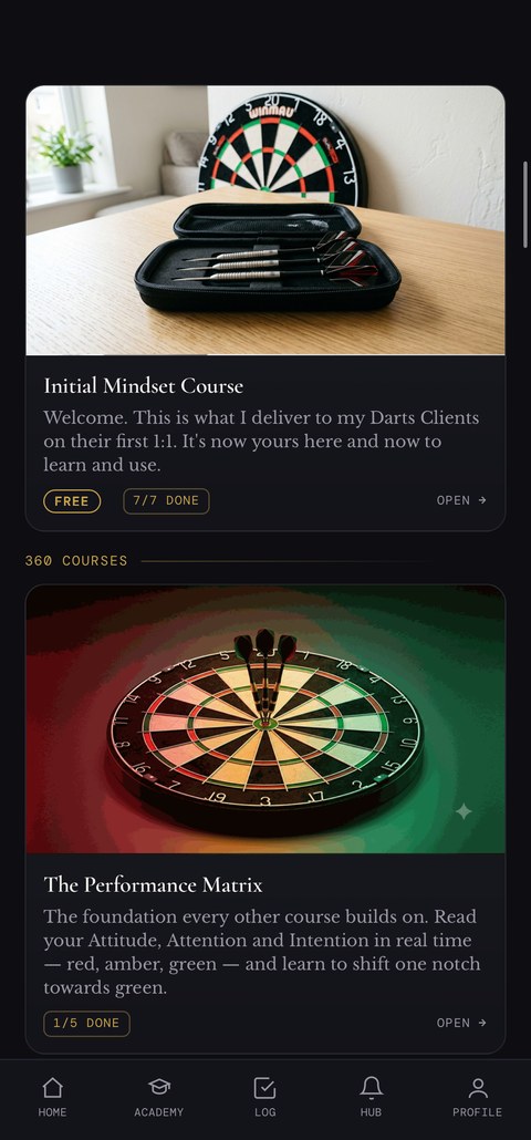 360 Darts app — Mindset courses screen