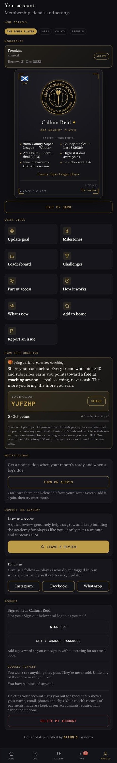 360 Darts app — Profile screen